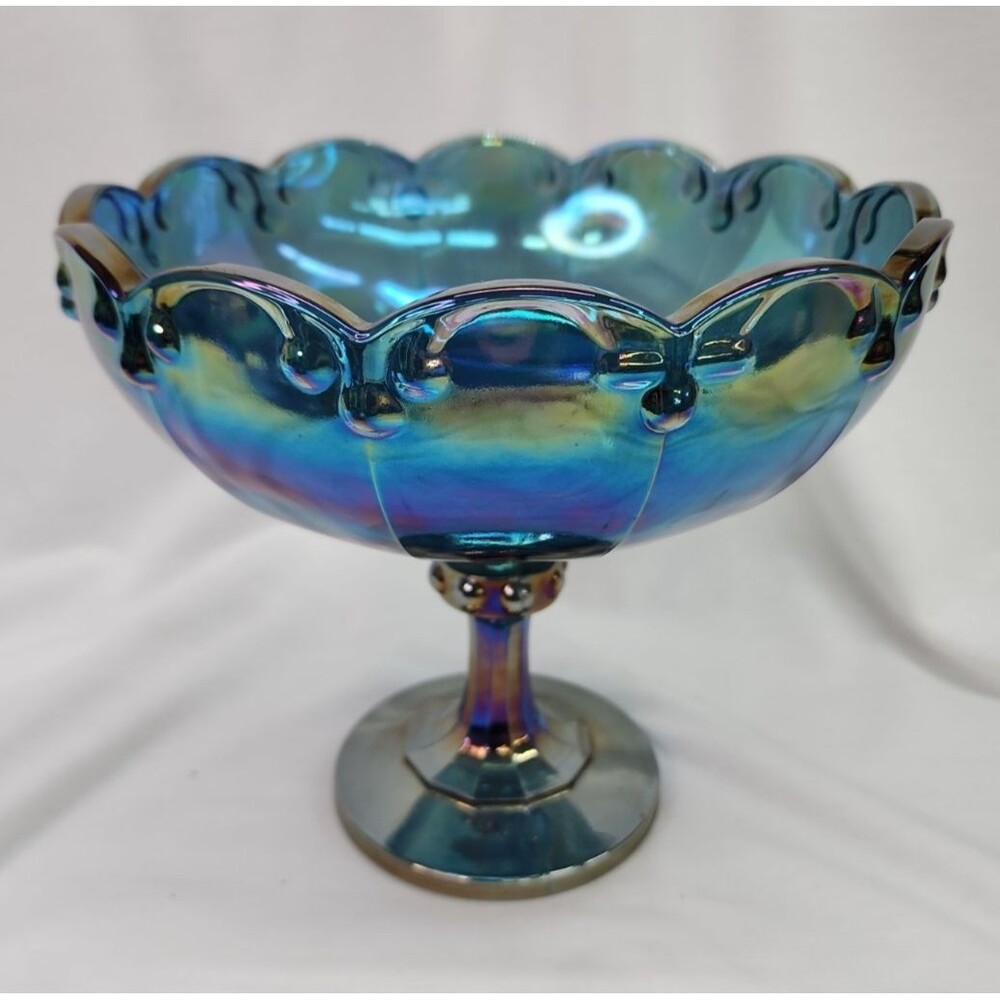 Indiana Glass 'Garland' Blue Carnival Glass Footed Compote Vintage VG Condition